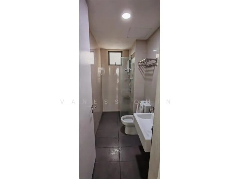 Bathroom features: white tiled walls, grey floor tiles, single-sink vanity with white cabinet, chrome basin mixer faucet, framed mirror, one-piece toilet, glass shower enclosure, shower head, towel rack, recessed ceiling lights; style: modern.