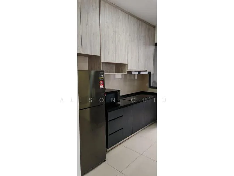 Kitchen features: black cabinetry, light wood upper cabinets, black countertop, stainless-steel fridge, built-in microwave, single-bowl stainless-steel sink, chrome pull-down faucet, ceramic tile flooring, recessed downlights; style: modern.