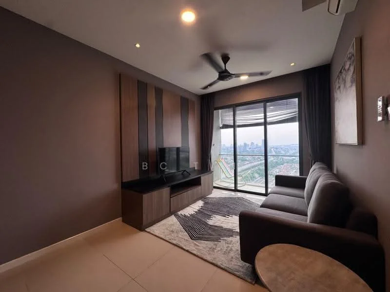 Living features: grey fabric sofa, coffee table, wall-mounted TV, TV console with storage, area rug with geometric pattern, floor-to-ceiling windows, curtains, ceiling fan, recessed downlights, accent wall with wood paneling, neutral painted walls, tile flooring; style: modern; view: city.