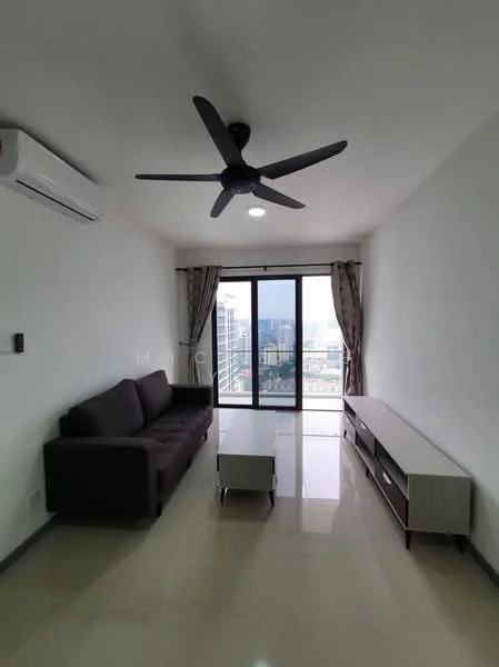 Living features: 3-seater fabric sofa in dark brown, coffee table, TV console, floor-to-ceiling windows, curtains, wall-mounted split AC, ceiling fan with light, polished tile flooring, white painted walls, recessed downlights; style: modern; view: city.
