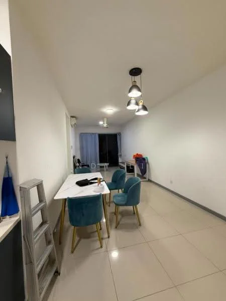 Dining features: white painted walls, glossy tile flooring, dining table with white top, 2 blue upholstered dining chairs with gold legs, pendant lighting with multiple bulbs, large window with sheer curtains, recessed ceiling lights, open layout to adjacent living area; style: modern.