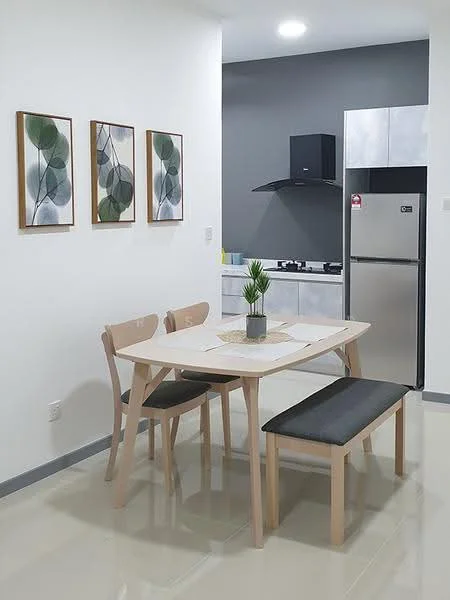 Dining features: 4-seater dining table with light wood finish, bench seating with dark cushion, framed artwork on walls, grey accent wall, stainless-steel fridge, built-in kitchen cabinets, black range hood, gas stove, light tile flooring, recessed ceiling lights; style: modern.