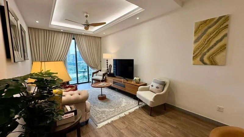 Living features: 3-blade ceiling fan with light, recessed downlights, floor-to-ceiling windows, sliding glass door, cream painted walls, wooden flooring, area rug with geometric pattern, sofa in cream fabric, wooden coffee table, TV console, wall-mounted TV, decorative wall art, table lamp, potted plant; style: modern; view: city.
