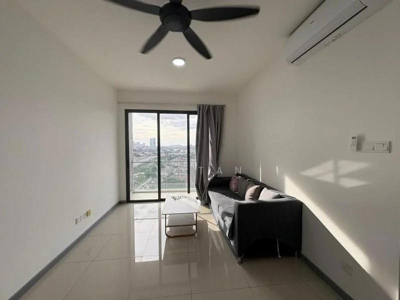 Living features: floor-to-ceiling windows, sliding glass door, grey fabric sofa, coffee table, 5-blade ceiling fan with light, recessed downlights, cream painted walls, glossy tile flooring, curtains, air conditioning unit; style: modern; view: city.