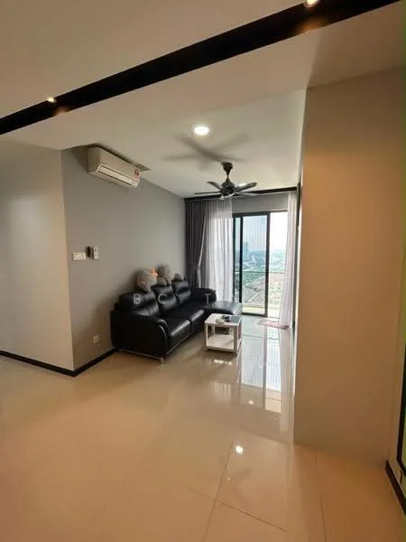Living features: black leather sofa, coffee table, floor-to-ceiling windows, city view, recessed downlights, 5-blade ceiling fan, wall-mounted split AC, light-colored walls, glossy tile flooring, curtains, decorative cushions; style: modern; view: city.
