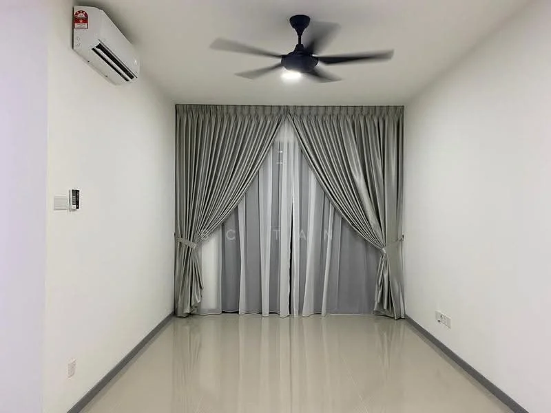 Living features: white painted walls, glossy tile flooring, 5-blade ceiling fan with light, floor-to-ceiling windows, sheer curtains, blackout curtains, wall-mounted split AC, recessed lighting; style: modern.