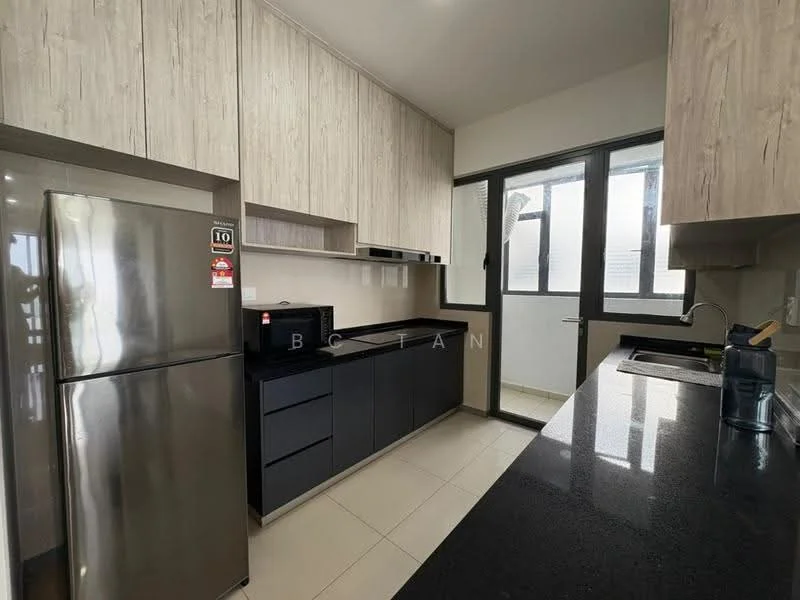 Kitchen features: stainless-steel fridge, black countertop, wooden cabinetry with light finish, built-in microwave, sink with faucet, ceramic tile flooring, wall-mounted cabinets, window with view, black kitchen island, open shelving; style: modern.