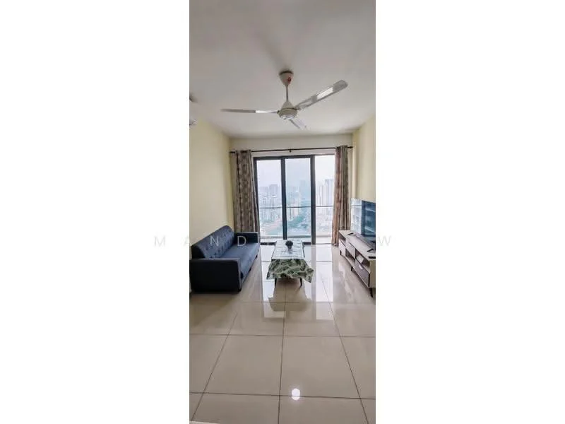 Living features: 3-seater fabric sofa in dark blue, coffee table with glass top, wall-mounted TV, TV console with storage, floor-to-ceiling windows, curtains, ceiling fan with light, glossy tile flooring, neutral painted walls, decorative plant on table; style: modern; view: city.