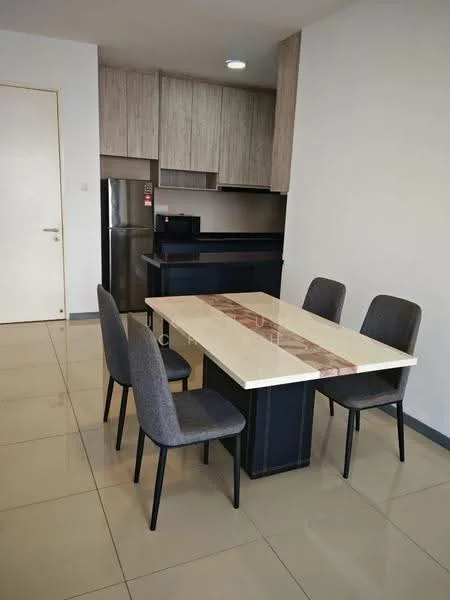 Dining features: rectangular dining table with marble top, 4 grey upholstered dining chairs, light-colored cabinetry with wood finish, black lower cabinetry, stainless-steel fridge, wall-mounted light fixture, glossy beige tile flooring, white painted walls; style: modern. Kitchen features: black countertop, built-in kitchen cabinetry, stainless-steel fridge; style: modern.