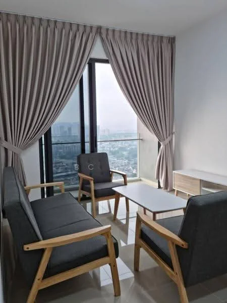 Living features: floor-to-ceiling windows, grey fabric sofa, wooden armchairs, light wood coffee table, light wood side table, curtains in light beige, glossy tile flooring, city view; style: modern; view: city.