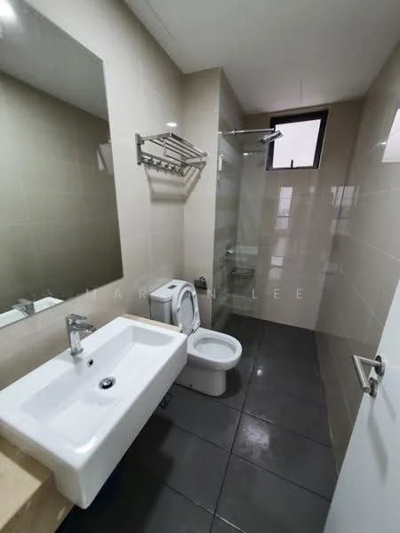Bathroom features: white ceramic toilet, single-sink vanity with wood cabinet, chrome basin mixer faucet, framed mirror, glass shower enclosure, rain shower head, tile cladding on walls, grey floor tiles, towel rack, window for natural light; style: modern.