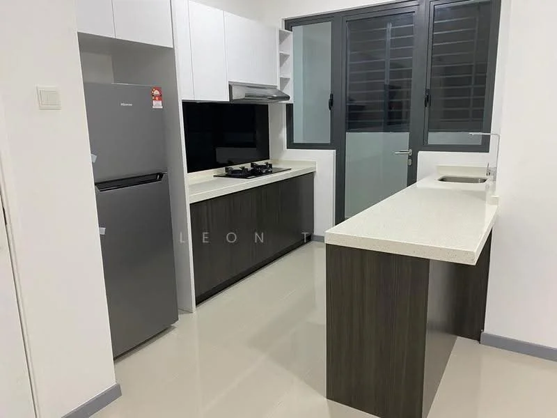 Kitchen features: white cabinetry, dark wood lower cabinets, stainless-steel fridge, built-in oven, 4-burner gas hob, white countertop, single-bowl stainless-steel sink, black backsplash, floor-to-ceiling windows, recessed downlights, ceramic tile flooring; style: modern.