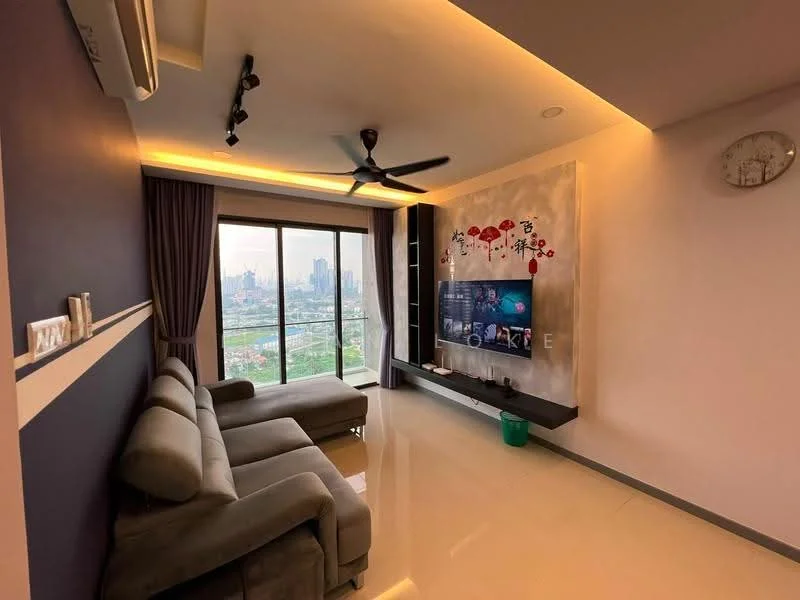 Living features: L-shape sectional sofa in grey, wall-mounted TV, TV console, recessed LED downlights, 5-blade ceiling fan with light, floor-to-ceiling windows, curtains, decorative wall art, white walls, glossy tile flooring, clock on wall; style: modern; view: city.