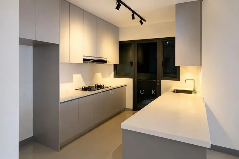 Kitchen features: grey cabinetry, white countertop, stainless-steel sink, chrome pull-down faucet, built-in oven, 4-burner gas hob, recessed LED downlights, sliding glass door, floor-to-ceiling windows, polished concrete flooring; style: modern.