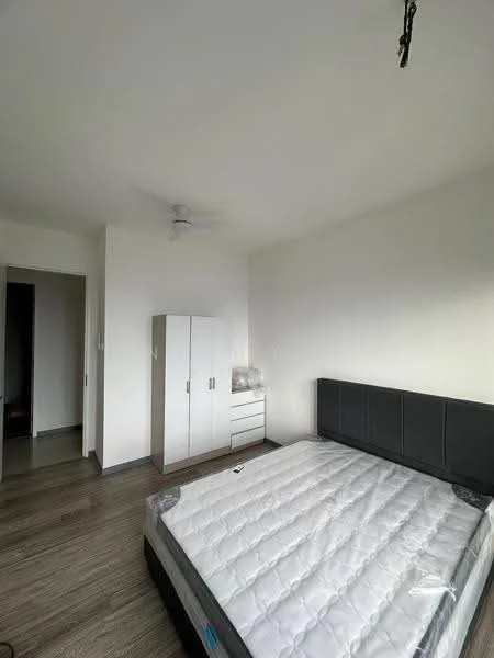 Bedroom features: queen-size bed, upholstered headboard, white painted walls, wooden flooring, 5-blade ceiling fan, built-in wardrobe, chest of drawers, natural light from window; style: modern.