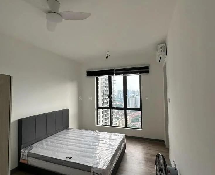 Bedroom features: queen-size bed frame without mattress, 5-blade ceiling fan with light, floor-to-ceiling window, blackout roller blinds, wood laminate flooring, wall-mounted split AC, white painted walls, decorative ceiling hook; style: modern; view: city.