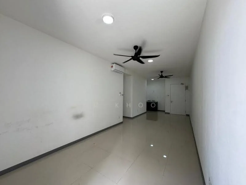 Living features: white painted walls, polished ceramic tile flooring, 2 ceiling fans, 1 wall-mounted split AC, recessed downlights, door leading to another room, open space layout; style: modern.