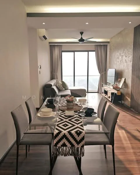 Dining features: 6-seater dining table, grey upholstered dining chairs, decorative table runner, floor-to-ceiling windows, curtains, wooden flooring, ceiling fan, wall-mounted TV, sofa in grey fabric, decorative wall panel, area rug; style: modern; view: city.