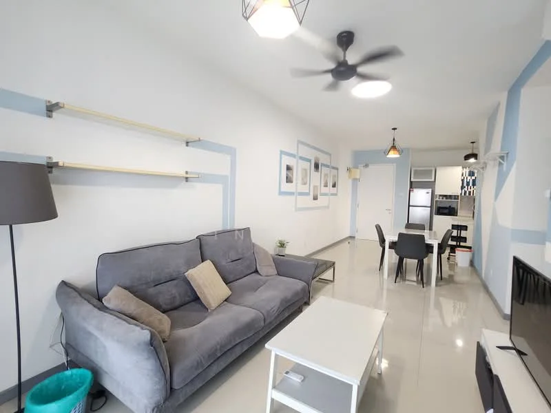 Living features: grey fabric sofa, coffee table, wall-mounted shelves, pendant light, 5-blade ceiling fan, recessed downlights, white painted walls, glossy tile flooring, framed artwork on walls, dining table with chairs, open kitchen view; style: modern.