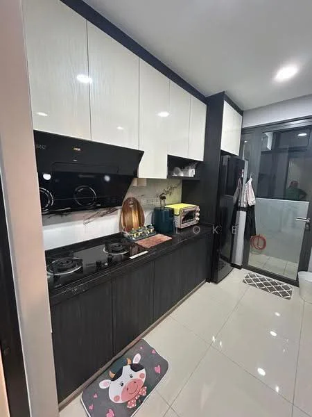 Kitchen features: black and white cabinetry, stainless-steel refrigerator, built-in oven, 4-burner gas hob, black glass backsplash, white countertop, double-bowl stainless-steel sink, chrome pull-down faucet, tile flooring, window with natural light, kitchen mat with cow design, microwave, kitchen utensils visible; style: modern.