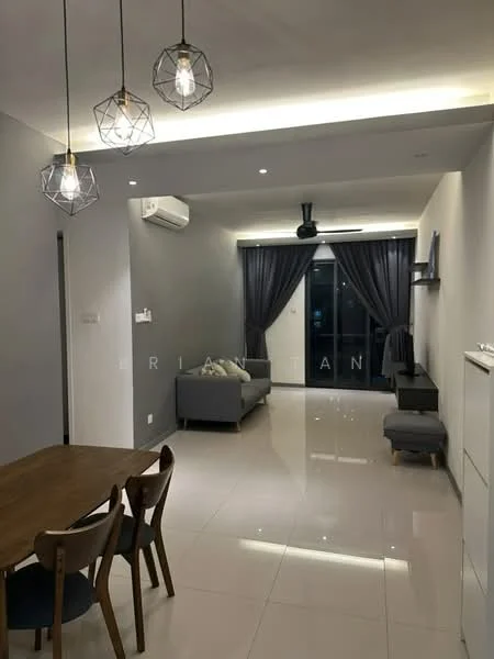 Living features: grey painted walls, polished ceramic tile flooring, 5-blade ceiling fan with light, recessed LED downlights, hanging pendant lights, floor-to-ceiling windows, dark curtains, sofa in grey, TV console, dining table with 4 wooden chairs; style: modern.