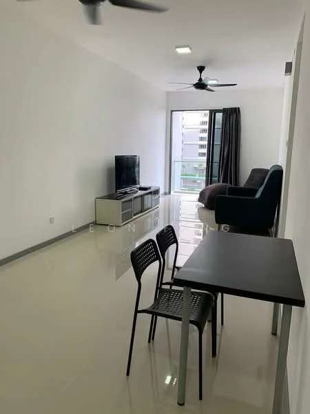 Living features: white painted walls, glossy tile flooring, 5-blade ceiling fan, wall-mounted TV, TV console in light wood, sofa in dark fabric, large window with sheer curtains, black dining table with two chairs; style: modern.