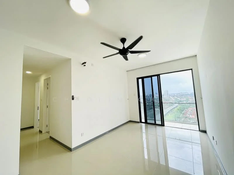 Living features: white painted walls, polished tile flooring, 5-blade ceiling fan with light, floor-to-ceiling windows, sliding glass door, city view, recessed downlights, open layout; style: modern; view: city. Room features: white painted walls, polished tile flooring, doorway leading to hallway.