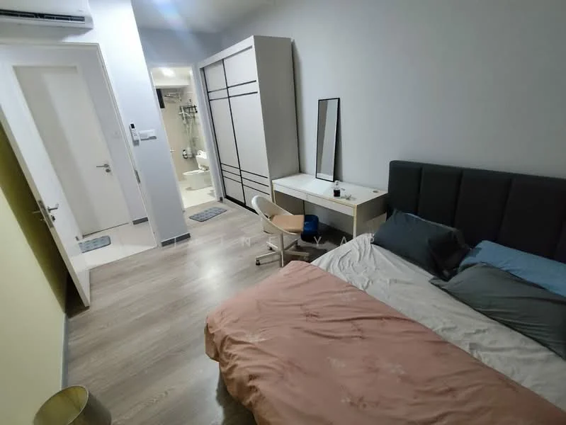 Bedroom features: queen-size bed with grey upholstered headboard, light pink bedspread, wooden flooring, built-in wardrobe with sliding doors, study desk with chair, mirror on desk, wall-mounted air conditioning unit, white painted walls, door leading to bathroom, soft lighting, window with sheer curtains; style: modern.