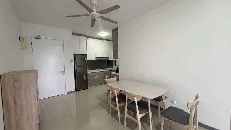 Dining features: 4-seater dining table, light wood dining chairs, white painted walls, cream tiled flooring, ceiling fan, built-in kitchen cabinetry, stainless-steel fridge, kitchen countertop, wall-mounted kitchen cabinets, open layout to kitchen; style: modern.