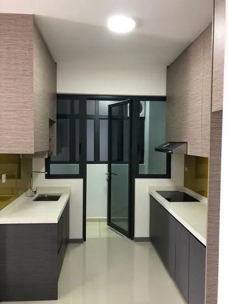Kitchen features: light grey cabinetry, dark grey lower cabinets, white quartz countertop, double-bowl stainless-steel sink, chrome pull-down faucet, built-in range hood, glass sliding door, wall-mounted window, recessed ceiling light, cream tiled flooring; style: modern.