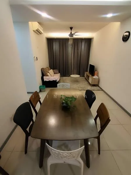 Dining features: rectangular wooden dining table, 4 dining chairs in various colors, indoor plant on table, white tiled flooring, recessed ceiling lights, wall-mounted TV, sofa in living area visible, grey curtains, ceiling fan, air conditioning unit on wall; style: modern; view: living area. Living features: sofa, TV console, area rug, wall-mounted TV, grey curtains, recessed ceiling lights; style: modern; view: dining area.
