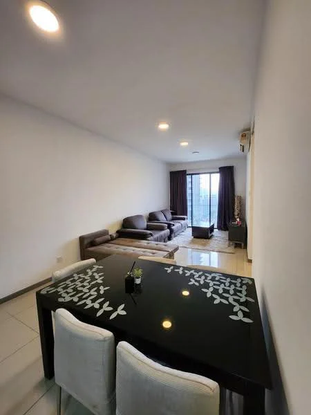Living features: grey fabric sectional sofa, 2-seater fabric sofa, black dining table with leaf pattern, 4 upholstered dining chairs, white painted walls, recessed ceiling lights, sliding glass door, floor-to-ceiling windows, curtains, tile flooring; style: modern; view: city.