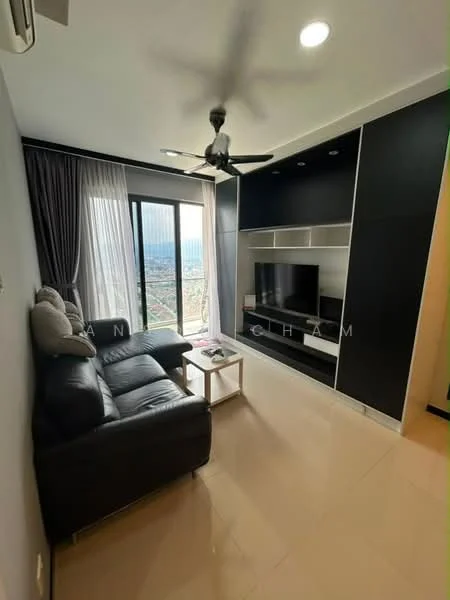 Living features: 3-seater leather sofa in black, coffee table, wall-mounted TV, entertainment unit with storage, floor-to-ceiling windows, curtains, ceiling fan with light, recessed downlights, cream tiled flooring, decorative wall paneling; style: modern; view: city.