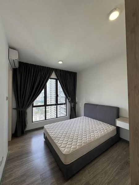 Bedroom features: queen-size bed, upholstered headboard, nightstand, floor-to-ceiling window, blackout curtains, wooden flooring, wall-mounted air conditioning unit, recessed ceiling lights; style: modern; view: city.