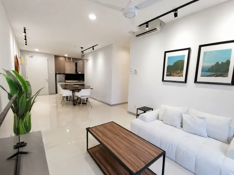 Living features: white fabric sofa, wood coffee table, TV console, wall-mounted TV, recessed LED downlights, ceiling fan, cream tiled flooring, decorative wall art, indoor plant, open layout to dining area; style: modern. Dining features: 4-seater dining table, white dining chairs, kitchen visible in background, recessed lighting, cream tiled flooring; style: modern.