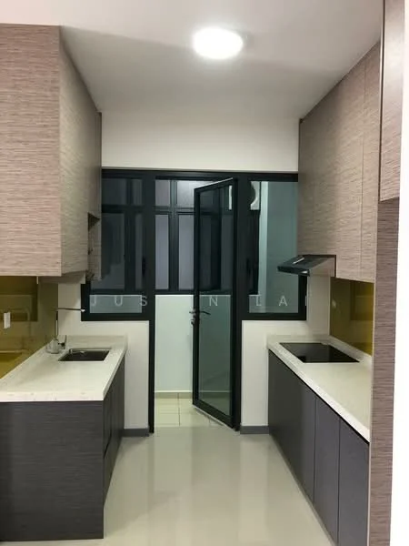Kitchen features: white quartz countertop, double-bowl stainless-steel sink, chrome pull-down faucet, built-in oven, stainless-steel range hood, grey cabinetry with wood texture, glass window with black frame, sliding glass door, cream tiled backsplash, recessed ceiling lights, polished tile flooring; style: modern.