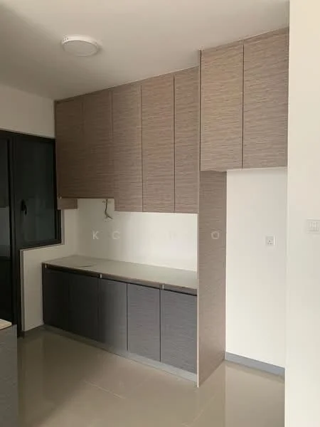 Kitchen features: laminate cabinetry in light wood finish, dark grey lower cabinets, white countertop, single-bowl stainless-steel sink, chrome pull-down faucet, wall-mounted cabinet with no visible handles, recessed ceiling light, glossy tile flooring; style: modern.