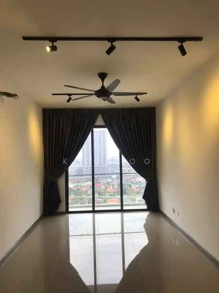 Living features: recessed LED downlights, 5-blade ceiling fan, floor-to-ceiling windows, blackout curtains, grey walls, polished tile flooring, city view; style: modern; view: city.
