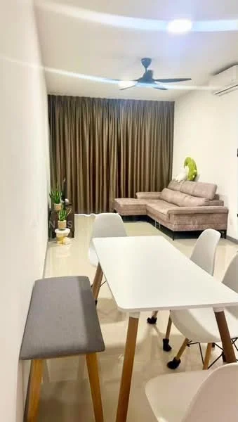 Living features: 3-seater fabric sofa in light grey, white dining table with wooden legs, 4 white dining chairs, grey upholstered bench, floor-to-ceiling curtains in brown, ceiling fan, wall-mounted air conditioning unit, decorative houseplant, polished tile flooring, neutral painted walls, recessed downlights; style: modern.