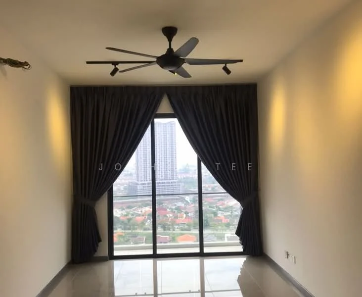 Room features: floor-to-ceiling windows, grey curtains, 5-blade ceiling fan, white painted walls, polished tile flooring, city view; style: modern; view: city.