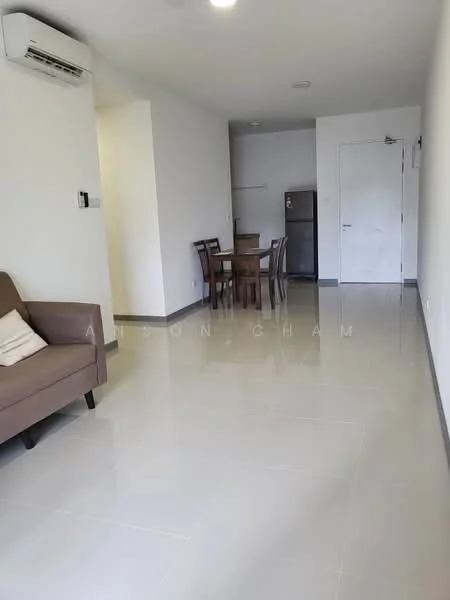 Living features: wall-mounted split AC, grey tiled flooring, white painted walls, 3-seater brown fabric sofa, dining table with 4 chairs, refrigerator, door to another room, natural light from windows; style: modern.