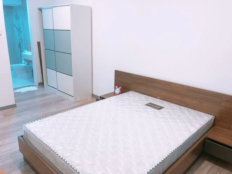 Bedroom features: queen-size bed frame, mattress on bed frame, wooden headboard, laminate flooring, built-in wardrobe with sliding doors, neutral wall color, recessed lighting, window with natural light; style: modern.