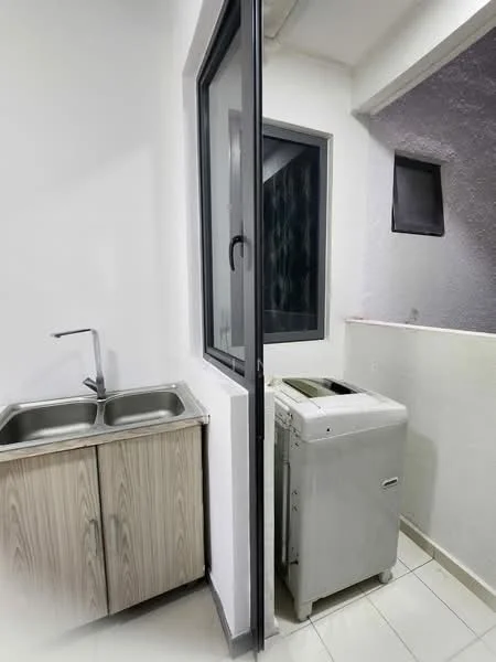 Laundry features: single-bowl stainless-steel sink, wood cabinetry with light finish, washing machine, white tiled flooring, white painted walls, window with black frame, grey wall, counter space next to sink; style: modern.