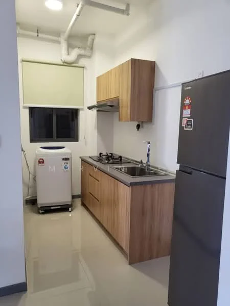 Kitchen features: wood cabinetry, stainless-steel sink, chrome pull-down faucet, gas hob, built-in range hood, grey countertop, white walls, refrigerator, washing machine, tile flooring, window with roller blinds, exposed pipes; style: modern.