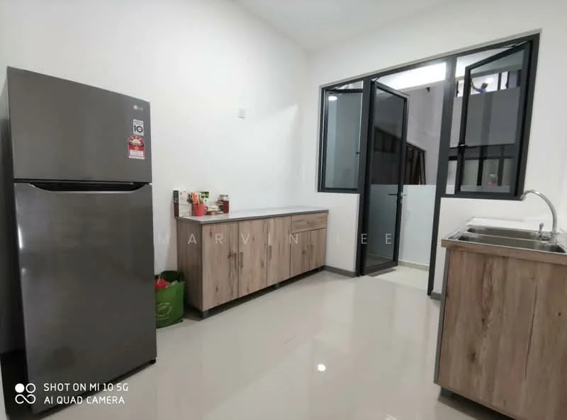 Kitchen features: stainless-steel fridge, wood cabinetry with a natural finish, single-bowl stainless-steel sink, chrome pull-down faucet, white walls, glossy tile flooring, countertop with a smooth surface, window with black frame, door leading to another area; style: modern.