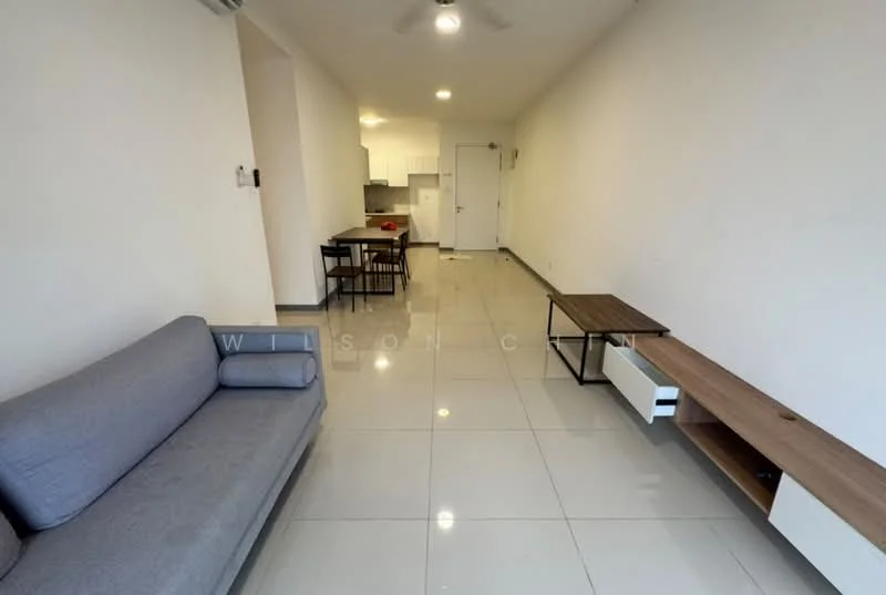Living features: grey fabric 3-seater sofa, wall-mounted TV console, wooden coffee table, white painted walls, glossy tile flooring, ceiling fan, open layout to kitchen, dining table with chairs; style: modern.