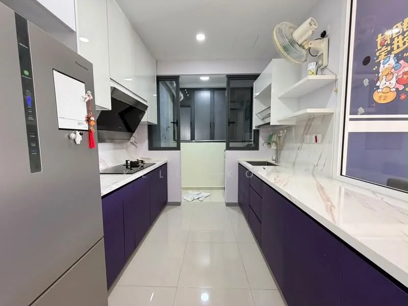 Kitchen features: purple cabinetry, white marble countertop, stainless-steel fridge, built-in oven, gas hob, exhaust hood, white wall shelves, grey tiled backsplash, floor-to-ceiling windows, white tiled flooring, ceiling fan, light fixture; style: modern.