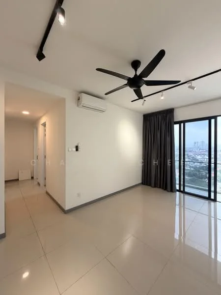 Living features: large floor-to-ceiling windows, black ceiling fan, recessed LED downlights, white painted walls, light grey tiled flooring, curtains, wall-mounted air conditioning unit, city skyline view; style: modern; view: city. Room features: white painted walls, light grey tiled flooring.