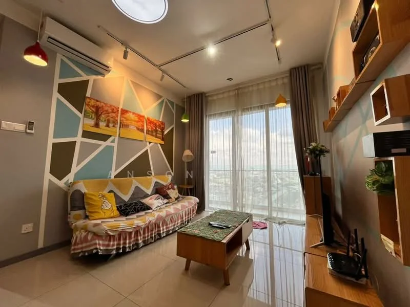 Living features: sofa with colorful cushions, wooden coffee table, wall-mounted TV, decorative wall shelves, floor-to-ceiling windows, curtains, air conditioning unit, geometric accent wall with painted patterns, polished tile flooring, decorative plants, LED ceiling lights; style: modern; view: city.