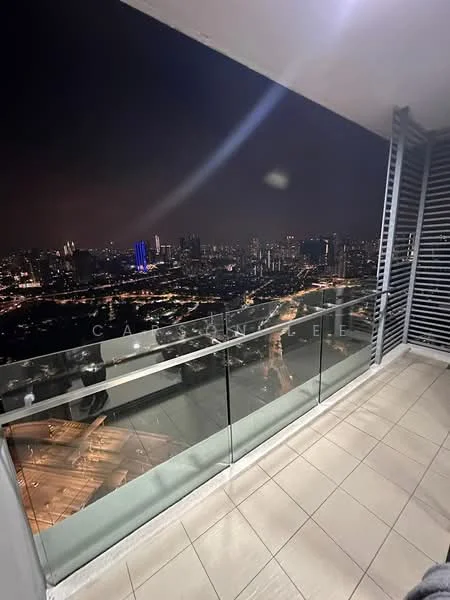Room features: glass railing, tile flooring, city skyline view, outdoor lighting, metal louvered screens; style: modern; view: city.